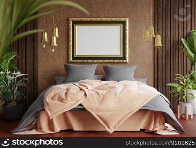 3D illustration, Mockup photo with beautiful frame in Bedroom decorated golden tree, contemporary retro and modern styles for beauty and comfort. rendering