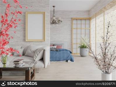 3D illustration, Mockup photo with beautiful frame in living room, Bedroom behind, decorated in modern styles for beauty and comfort. rendering