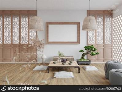 3D illustration, Mockup photo with beautiful frame in lounge or living room with sofa bed,  decorated contemporary retro and modern styles for beauty and comfort. rendering