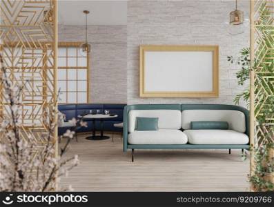 3D illustration, Mockup photo with beautiful frame in lounge or living room with sofa bed,  decorated contemporary retro and modern styles for beauty and comfort. rendering
