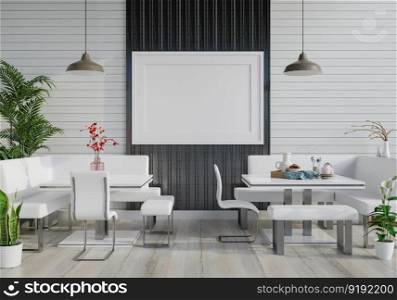 3D illustration mockup poster frame on the wall of counter bar with tables and chairs, Canteen interior in office or hotel, rendering