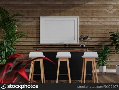 3D illustration mockup poster frame on the wall of  counter bar with tables and chairs, Canteen interior in office or hotel, rendering