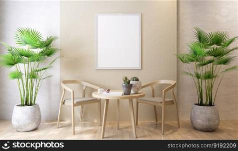 3D illustration mockup poster frame on the wall of  restaurant with tables and chairs, Canteen interior in office or hotel, rendering