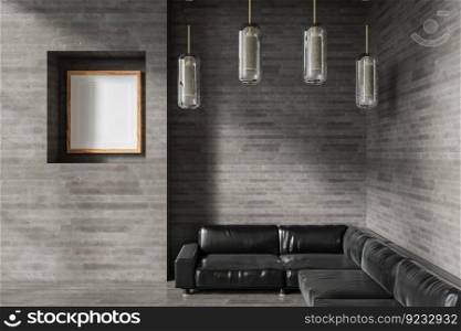 3D illustration, Mockup vertical photo frame on beautiful wall, ceiling lamp and luxury furniture at living room or lobby, hallway, rendering
