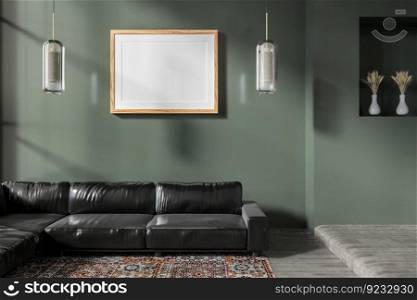 3D illustration, Mockup vertical photo frame on beautiful wall, Decorate with luxury furniture at living room or lobby, hallway with plant in pot, rendering
