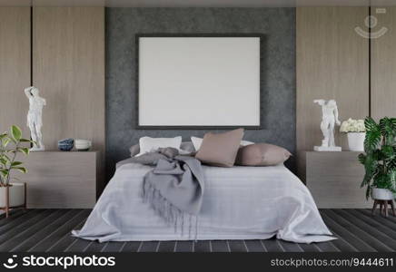 3D illustration mocup blank photo frame in bedroom at pool villa, interior and decoration with bed, bedding and luxury furniture, rendering