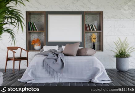 3D illustration mocup blank photo frame in bedroom at pool villa, interior and decoration with bed, bedding and luxury furniture, rendering