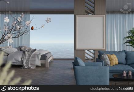 3D illustration mocup blank photo frame in bedroom at pool villa, interior and decoration with bed, bedding and luxury furniture, rendering