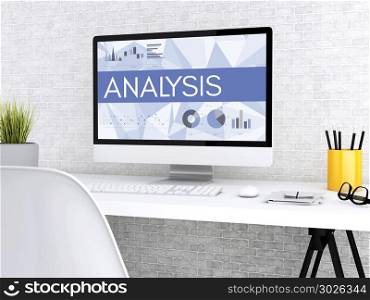 3D illustration. Modern workspace and computer with word ANALYSIS. Technology and business concept. . 3d Computer with word ANALYSIS.