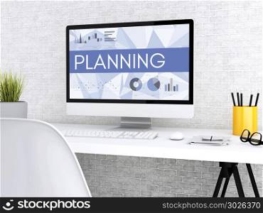 3D illustration. Modern workspace and computer with word PLANNING. Technology and business concept. . 3d Computer with word PLANNING.