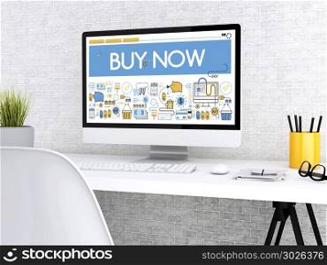 3D illustration. Modern workspace and computer with words BUY NOW. Shop online concept. . 3d Computer with words BUY NOW.
