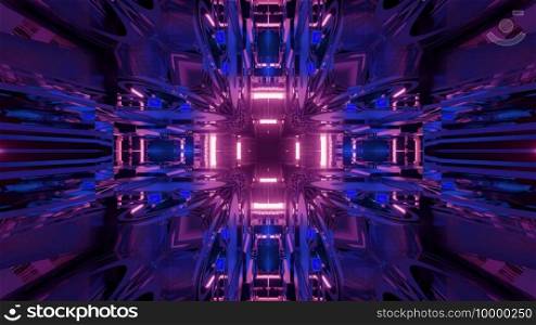 3d illustration motion through futuristic virtual tunnel with reflections of glowing neon lights and geometric design as abstract sci fi background. Illuminated tunnel with futuristic design 3d illustration