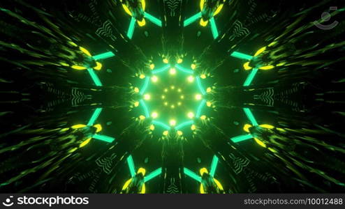 3d illustration moving through round shaped dark tunnel with traces of gleaming green neon lights forming bright geometrical ornament for abstract futuristic background. Endless tunnel with green lights 3d illustration