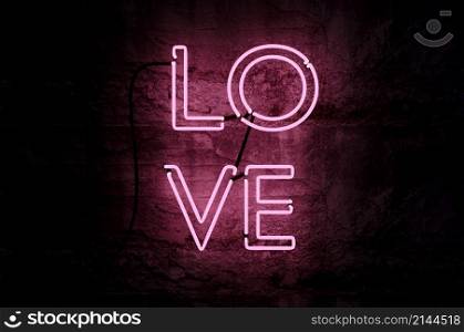 3d illustration . Neon sign. Retro neon Love sign on cement wall . CONCEPT Happy Valentine&rsquo;s Day. for design, greeting card, banner.