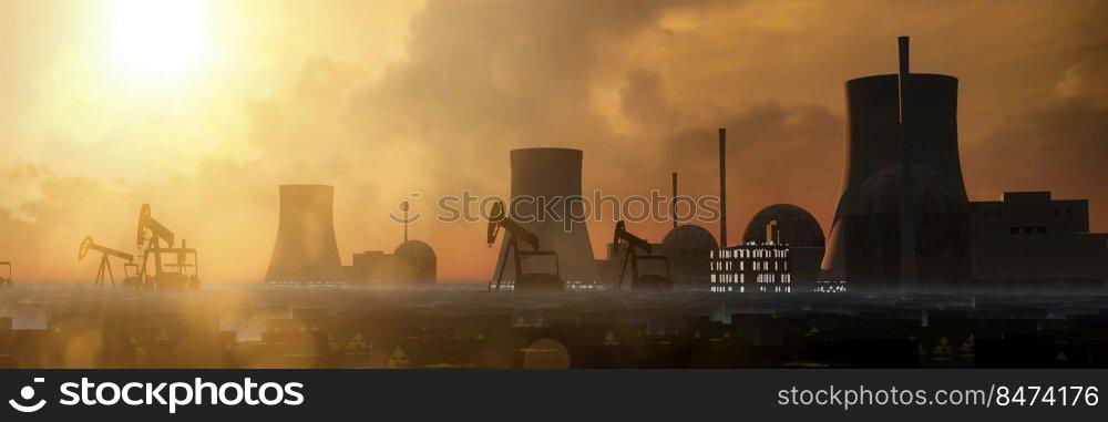 3d illustration, nuclear power plants in a field and sunset