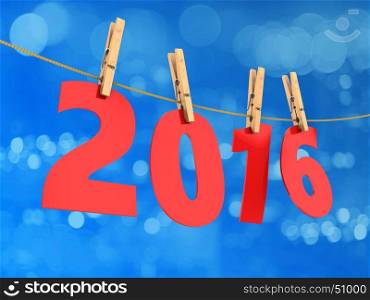 3d illustration of 2016 year sign and rope, over blue background