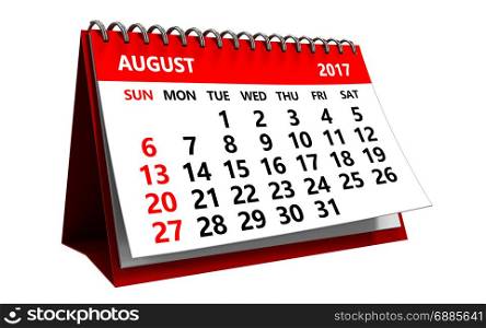 3d illustration of 2017 august calendar isolated over white background