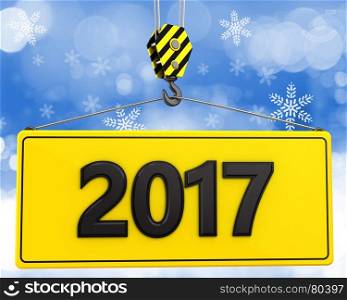 3d illustration of 2017 sign with crane hook over snow background. 3d crane hook with 2017 sign