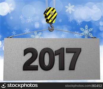 3d illustration of 2017 sign with crane hook over snow background. 3d crane hook with 2017 sign