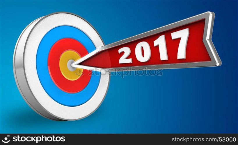 3d illustration of 2017 year arrow with archery target over blue background