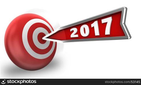 3d illustration of 2017 year arrow with target sphere over white background