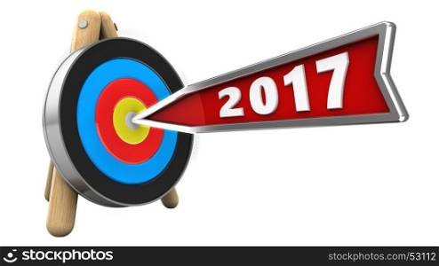 3d illustration of 2017 year arrow with target stand over white background