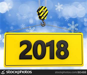 3d illustration of 2018 sign with crane hook over snow background. 3d crane hook with 2018 sign