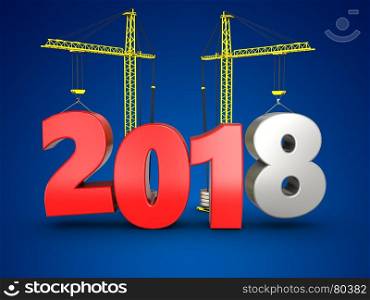 3d illustration of 2018 year with crane over blue background. 3d 2018 year with crane