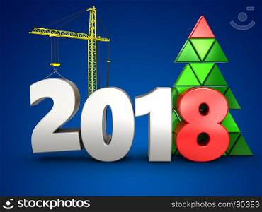 3d illustration of 2018 year with crane over blue background. 3d 2018 year with crane