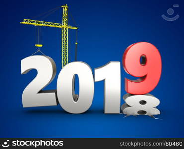 3d illustration of 2019 year with crane over blue background. 3d 2019 year with crane