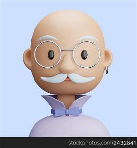 3D illustration of 3D cartoon avatar of stylish old man with a mustache. Cartoon close up portrait on a gray background. 3D Avatar for ui ux.