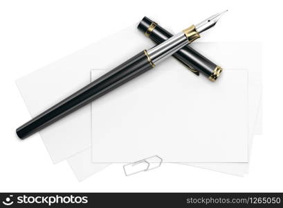 3d illustration of a blank card template over white background with fountain pen and paperclip. Front view.. Front view of a blank card template over white background.