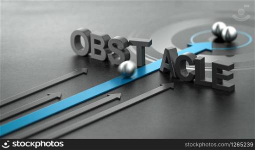 3D illustration of a blue arrow breaking the word obstacle, Concept of motivation and success.. Overcoming Difficulties Concept