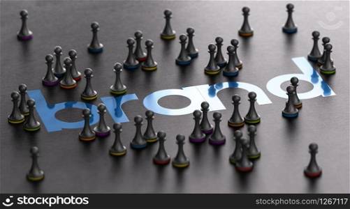 3D illustration of a brand name with pawns surrounding it over black background. Marketing and customer loyalty concept.. Communication and Marketing Concept, Brand Loyalty