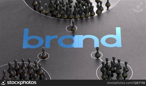 3D illustration of a brand name with pawns symbols of influencers and followers over black background. Marketing and communication concept.. Brand Influencer or Promoters, Marketing Communication Concept