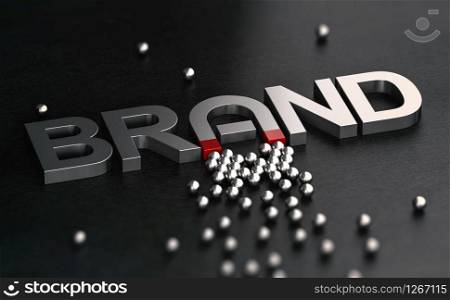 3d illustration of a brand name with the letter a shaped like horseshoe magnet. Metallic word over black background. Concept of brand awareness. Brand Awareness and Attractiveness. Customer Relationship Building.