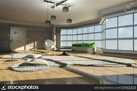 3d illustration of a bright interior with large window