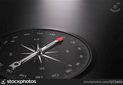 3D illustration of a compass over black background with needle pointing the north direction, free space on the right side of the image. Business or career orientation concept. . Business Orientation Background, Compass on the Left