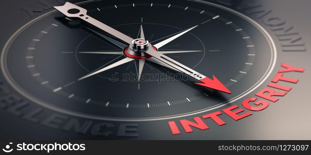 3D illustration of a compass over black background with needle pointing the word integrity. Concept image of company core values. Core value - Integrity