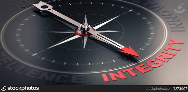 3D illustration of a compass over black background with needle pointing the word integrity. Concept image of company core values. Core value - Integrity