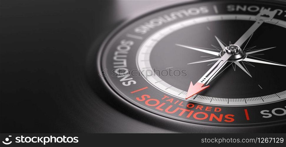 3D illustration of a compass over black background with the text tailored solutions written in red. Made-to-measure services concept. . Custom Tailored Solutions or Offers. Made-to measure Services.