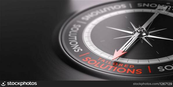 3D illustration of a compass over black background with the text tailored solutions written in red. Made-to-measure services concept. . Custom Tailored Solutions or Offers. Made-to measure Services.