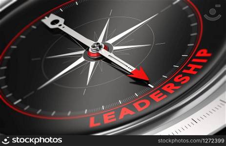 3D illustration of a compass with black background. Needle pointing the word leadership.. Company Leadership Development and Management