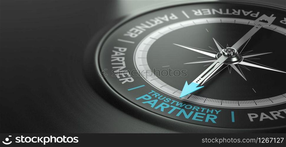 3D illustration of a compass with needle pointing the phrase trustworthy partner over black background. Concept of trusted business partnership.. Trustworthy Partner, Strong Partnership Concept