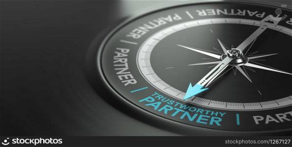 3D illustration of a compass with needle pointing the phrase trustworthy partner over black background. Concept of trusted business partnership.. Trustworthy Partner, Strong Partnership Concept