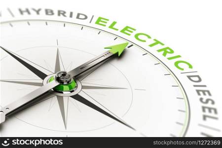 3D illustration of a compass with needle pointing the word electric. Concept of vehicle type choice.. Vehicle Type Choice, Choosing Electric Car