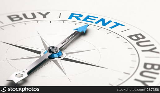 3D illustration of a compass with needle pointing the word rent. Credit Counselor Concept. Choosing Rental Versus Buying Goods.