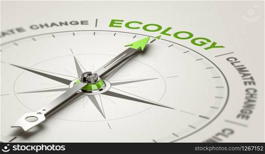 3D illustration of a conceptual compass with needle pointing the word ecology. Environmental responsibility concept.. Environmental Responsibility. Ecology For Climate Change or Global Warming