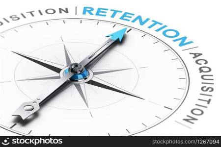 3D illustration of a conceptual compass with needle pointing the word retention instead of acquisition. Customer Retention VS Acquisition