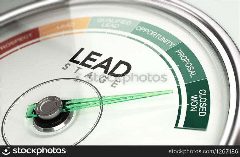 3d illustration of a conceptual gauge with needle pointing the last stage of a sales process. Inbound marketing concept.. Inbound Marketing and Sales Process Concept, Leads Stage